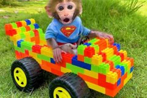 Monkey Baby Bon Bon drives a lego car to harvest fruit and camp with the puppy in the garden